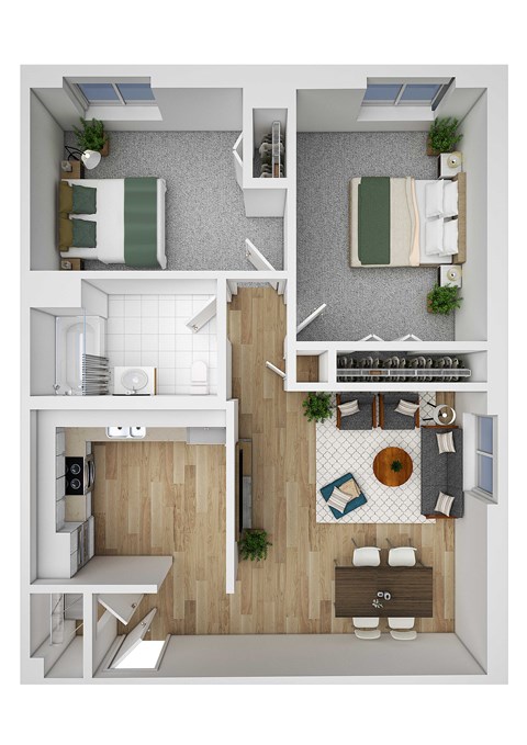 Floor plan for 2 beds, 1 bath, 860 sqft